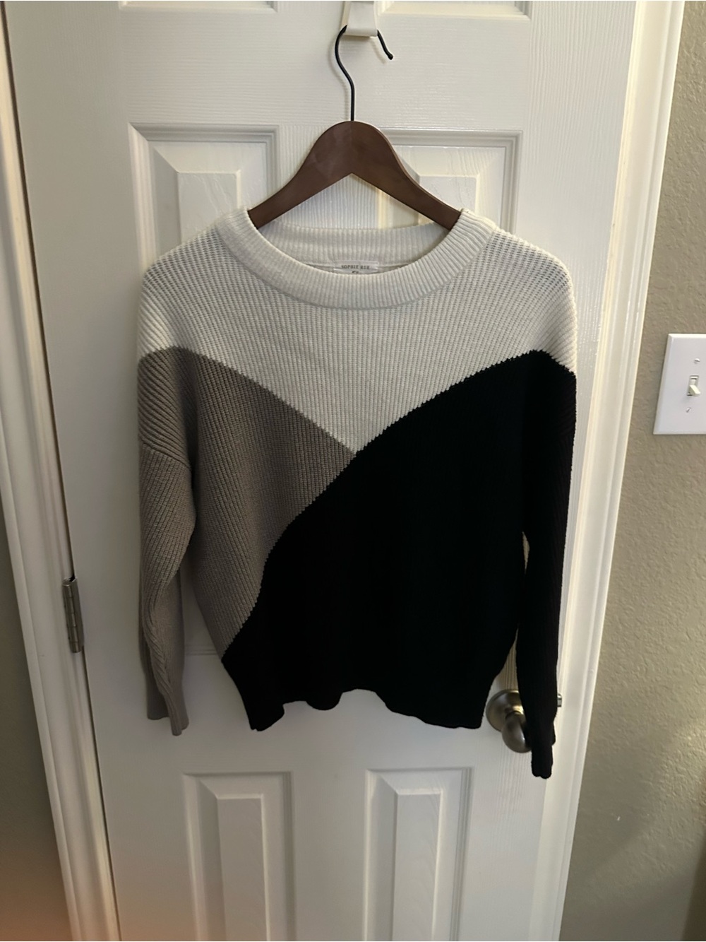 Sophie Rue Colorblock Crewneck Sweater in White, Gray, and Black